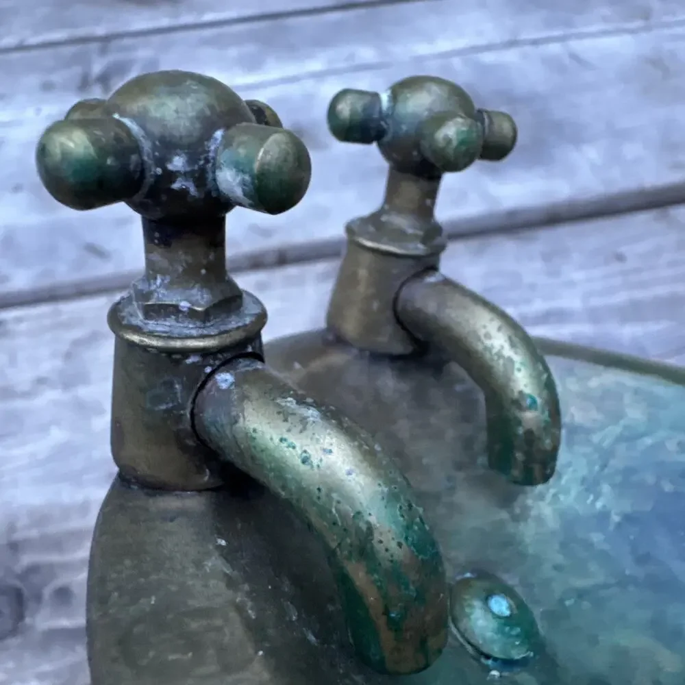 Vintage Brass Metal Footed Bathtub Soap Dish with Spigots Patina